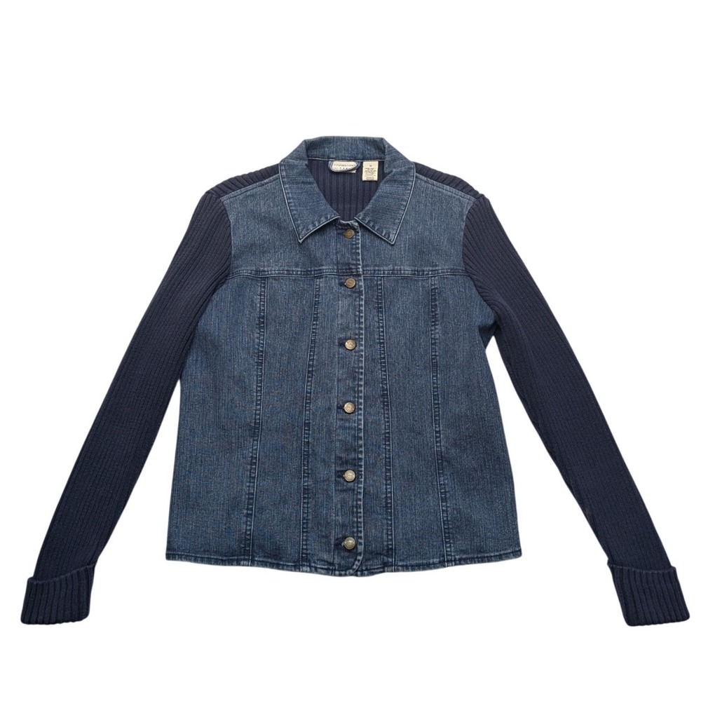 Covington Denim Knit Mixed Media Jacket Womens Medium Blue Ribbed Shacket